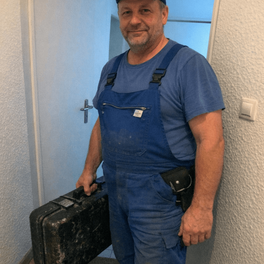 Sanitärinstallateur prüft ein rohrführendes System im Badezimmer mit einer Inspektionskamera