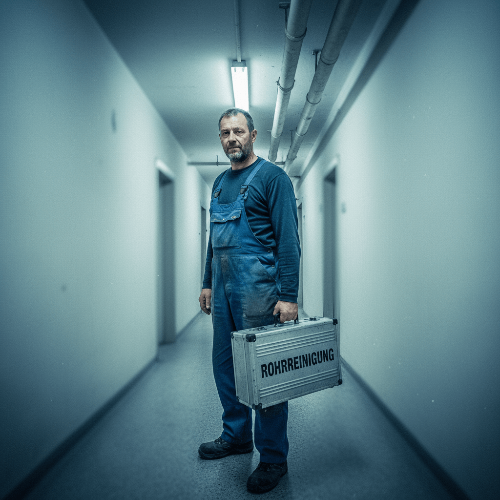 Professioneller Techniker für Rohrverstopfung Notdienst in Arbeitskleidung mit Werkzeug