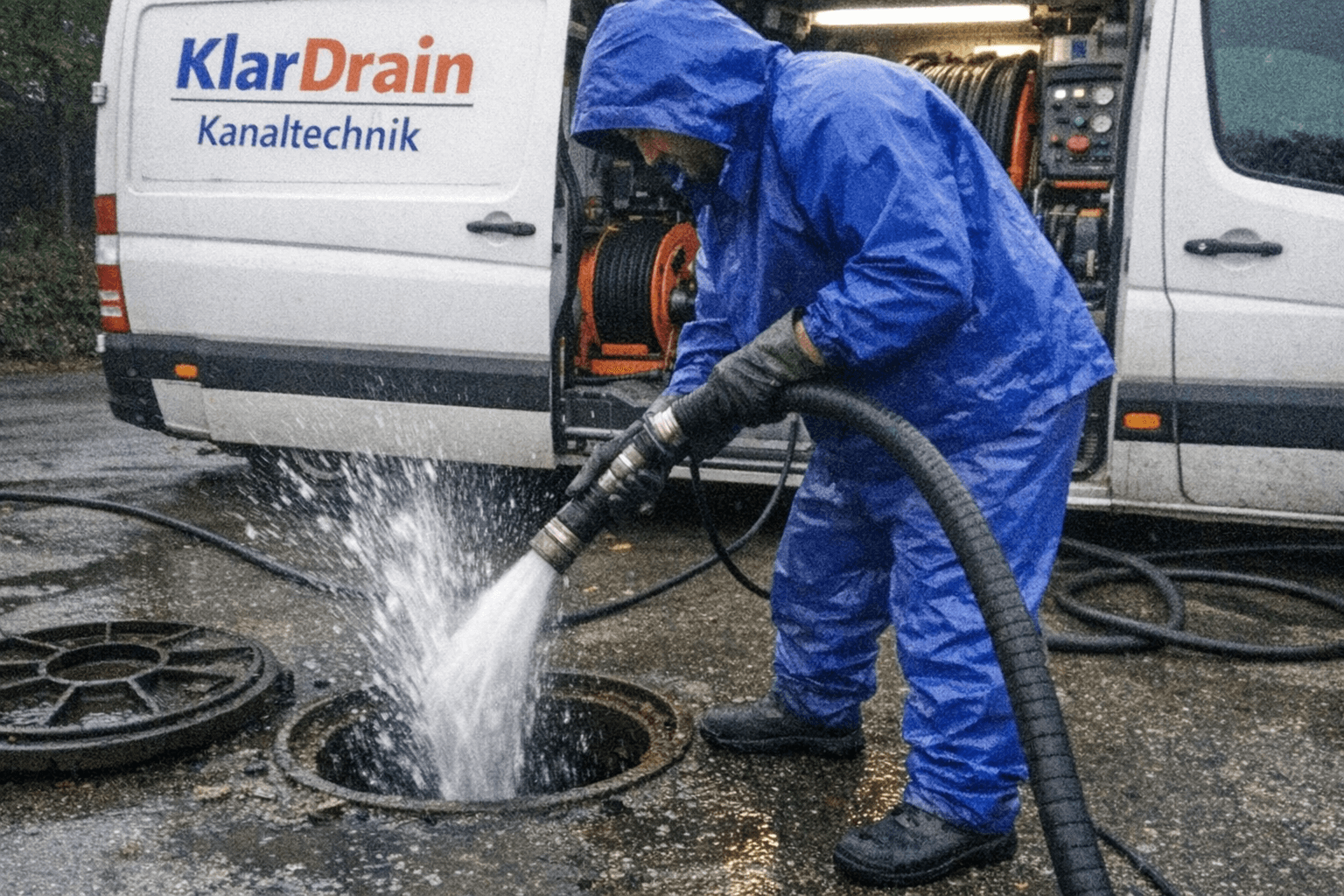 Techniker hält eine Hochdrucklanze am Revisionsschacht, Wasser spritzt kontrolliert in den Kanal