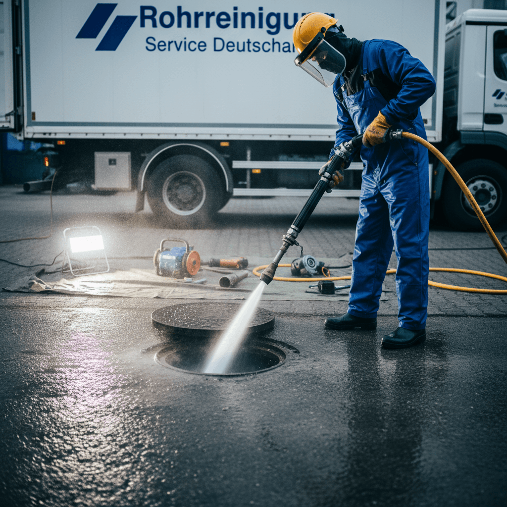 Techniker führt Kanalreinigung mit Hochdruckspülgerät durch