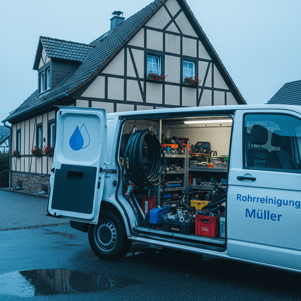 Lokales Einsatzfahrzeug vor einem Wohnhaus, bereit für die Rohrreinigung und Kanalreinigung